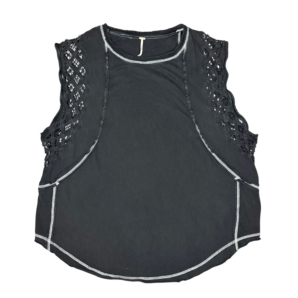 Free People Table For Two Top Womens M Black Crochet Contrast Stitch